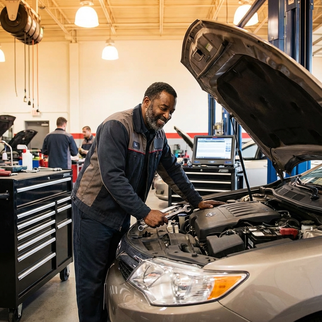 Mechanic servicing car